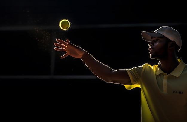 tenista afroamericano con gorra y uniforme amarillo jugando tenis