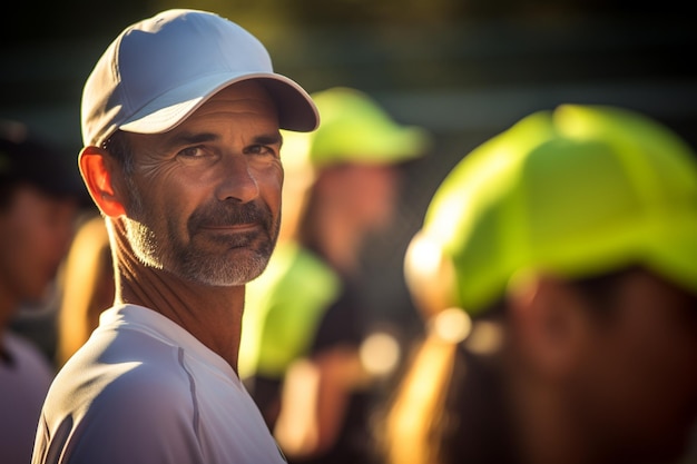 Tenistas de pie y hablando con sus entrenadores en la cancha de tenis durante el día