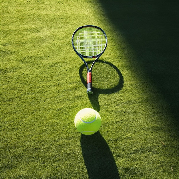 Tennis-Ballracket und Schatten auf dem grünen Rasenplatz