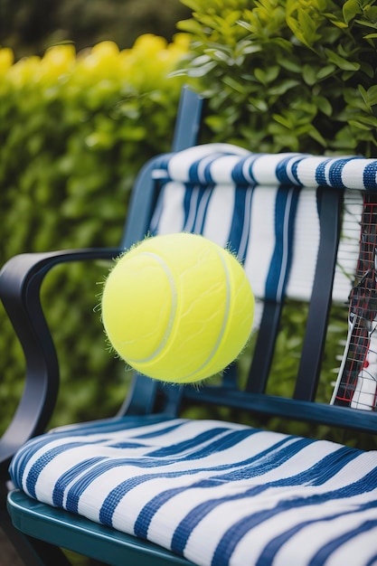 Tennisbälle und Schläger auf der Bank