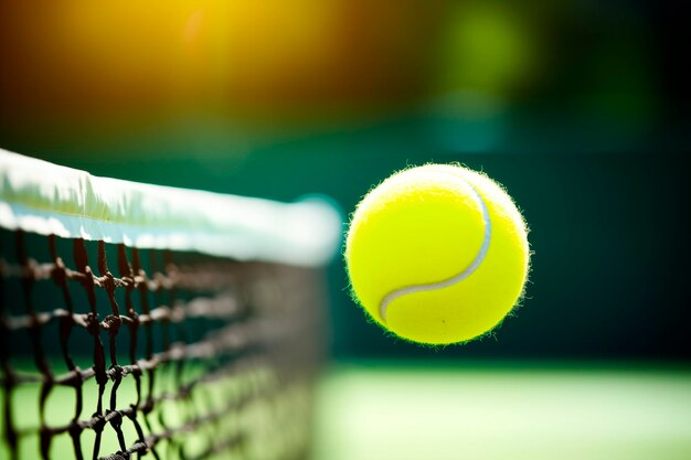 Tennisball in Bewegung in der Nähe des Netzes mit verschwommenem Hintergrund