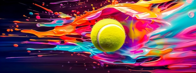 Tennisball in Bewegung in einem bunten Aquarellspritzer