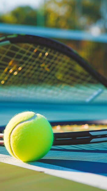 Foto tennisball und schläger auf einem platz