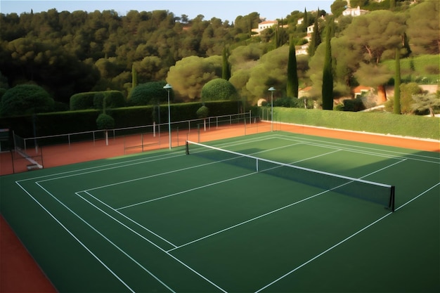 Tennisplatz an einem sonnigen Tag leer. KI-generierte Inhalte