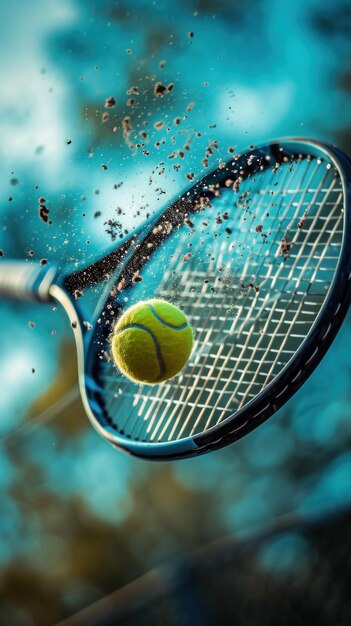 Foto tennisschläger, der einen tennisball schlägt