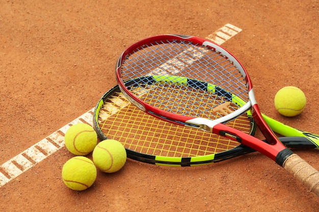 Tennisschläger mit Tennisbällen auf Sandplatz