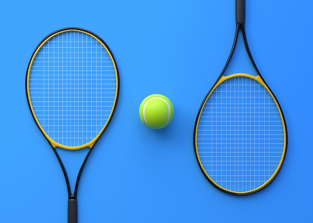 Tennisschläger mit Tennisball auf blauem Hintergrund, Draufsicht, 3D-Render-Illustration