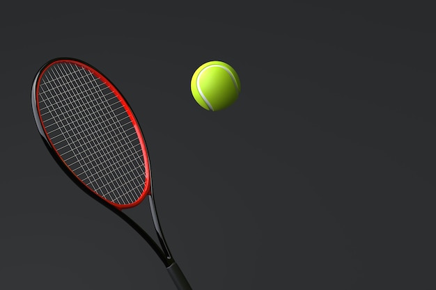 Tennisschläger mit Tennisball auf schwarzem Hintergrund Frontansicht 3D-Render-Illustration