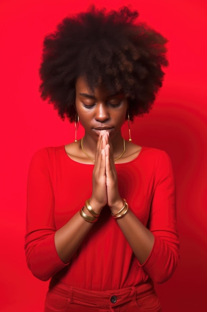 Foto tensión de desafío y manos de mujer negra con cabello natural contra un fondo rojo en el estudio