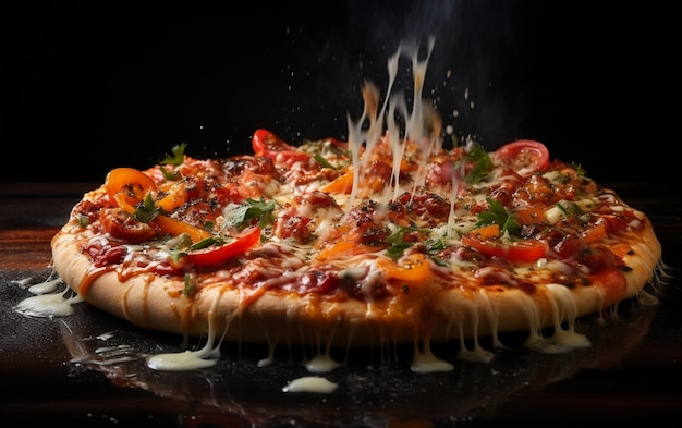 Tentação escaldante cozinhando pizza quente em um fundo preto generativo por Ai