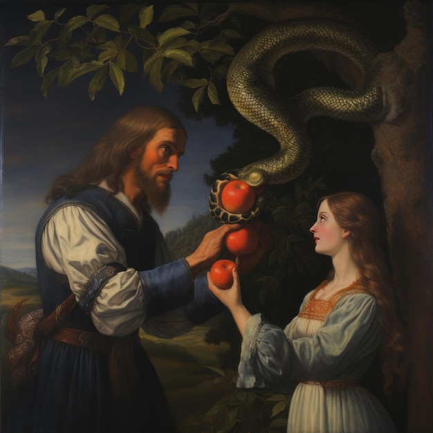 Foto la tentación del pecado el encuentro de adán y eva con la serpiente por el fruto prohibido