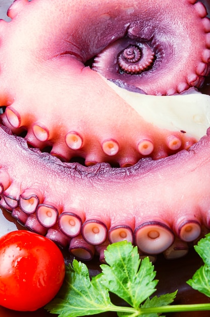 Foto tentáculo crudo de un pulpo.