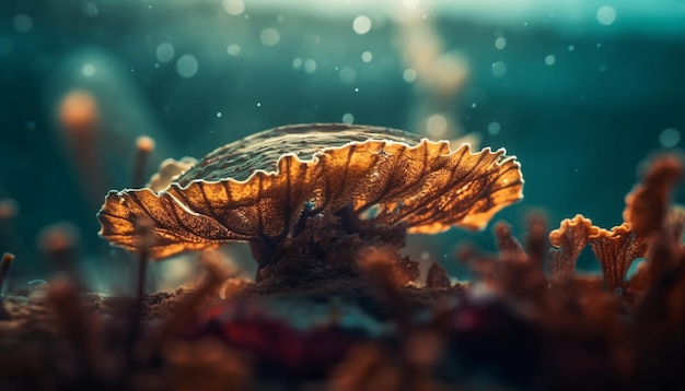 Tentáculos coloridos de cnidários balançam no paraíso subaquático gerado por IA