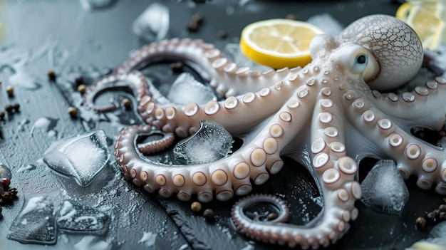 Tentáculos de pulpo frescos con hielo y limón en pizarra oscura mariscos crudos delicadeza gourmet cocina de primer plano vista fotografía culinaria IA