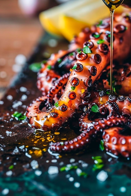 Tentáculos de pulpo fritos en un plato Foco selectivo