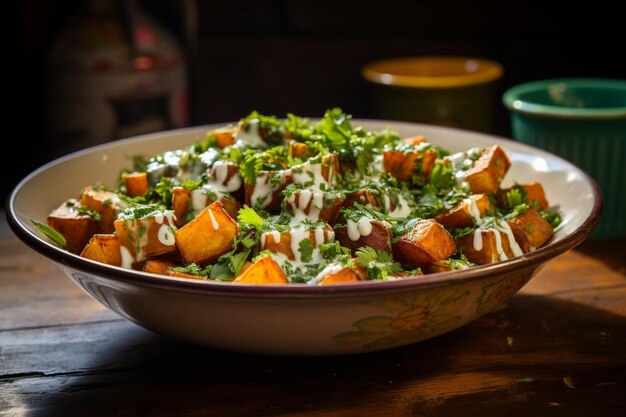 Tentador Chaat de patata dulce Aloo Chaat Aloo chaat o Alu chat es una imagen popular de comida callejera