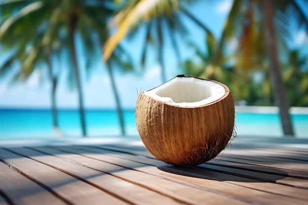 Tentador nuevo coco en una mesa contra un fondo fresco de playa IA generativa