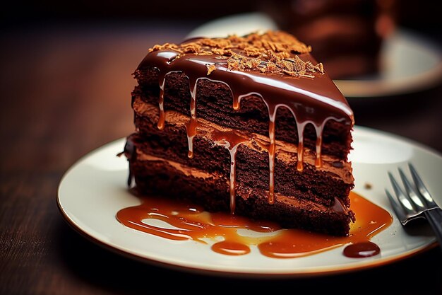 Tentador pastel de chocolate con gotas de chocolate y caramelo