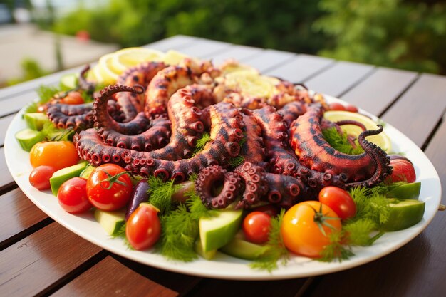 Foto tentador plato de pulpo a la parrilla con salsa de tomate fresco