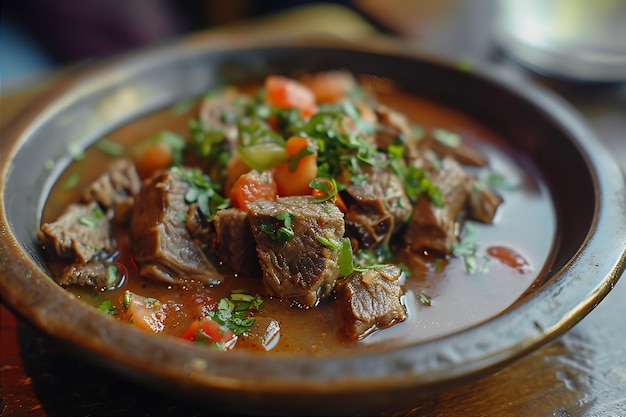 Foto tentador plato de sopa de carne y salsa