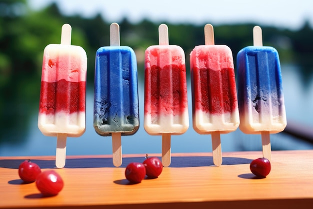 Una tentadora alineación de paletas adornadas con vibrantes coberturas rojas, blancas y azules paletas rojas, blancas y azules en una mesa al aire libre.