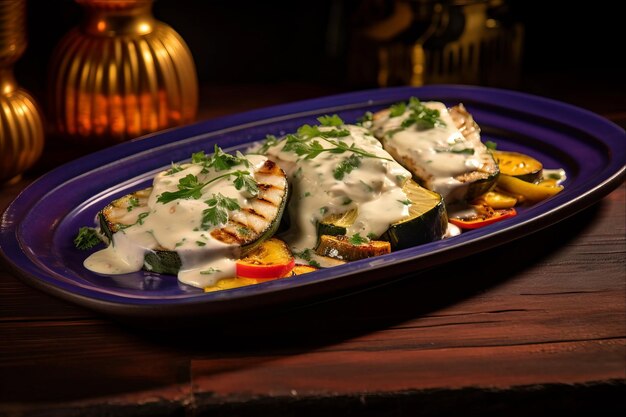 Foto tentadora delicadeza pescado blanco a la parrilla y mezcla de verduras ahogado en salsa de queso cremoso adornado con