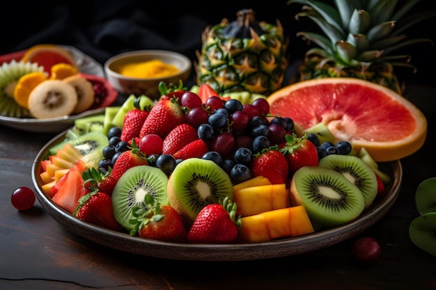 Una tentadora foto de un colorido plato de frutas con jugosas rebanadas de sandía, piña y kiwi Generative Ai