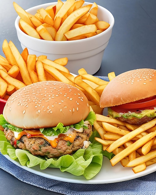 Una tentadora hamburguesa y patatas fritas en un plato