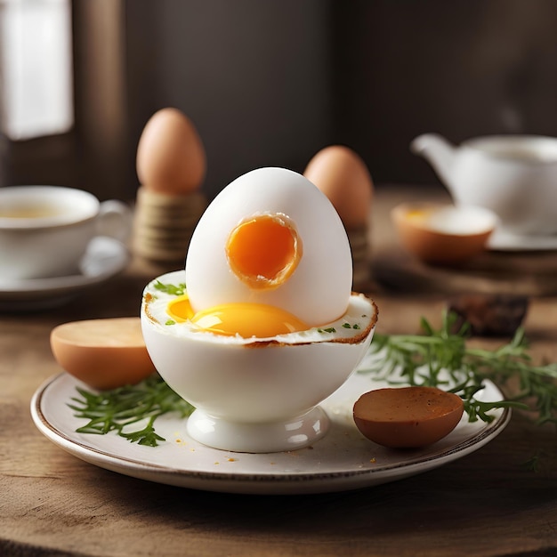 Una tentadora toma de fotografía de comida captura el atractivo de un huevo perfectamente hervido y su solitario crujiente