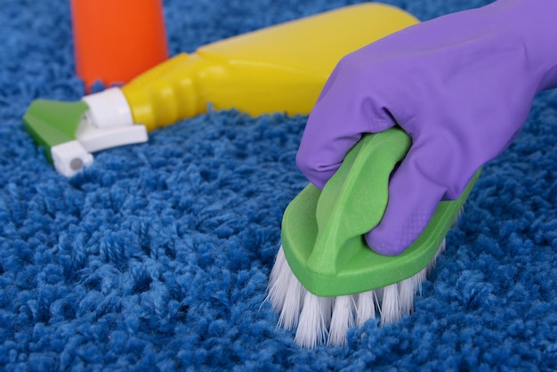 Teppich mit einem Pinsel aus der Nähe reinigen