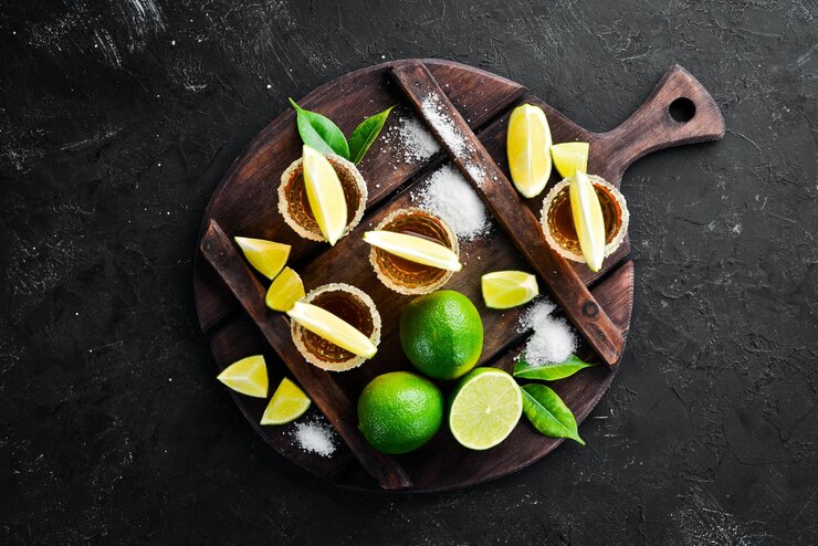 Tequila de ouro com limão e sal no fundo de pedra preta Vista superior Espaço livre para o seu texto