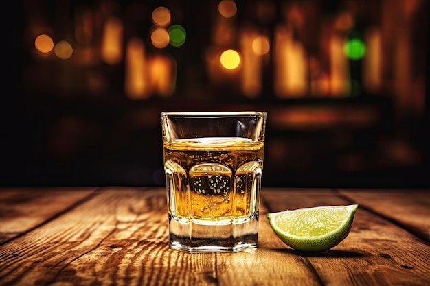 Tequila em um copo sobre uma mesa de madeira Fundo desfocado Vibe de bar rústico