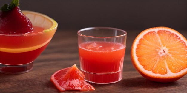 Foto tequila con infusión de sangre, naranja, puré de cal, mezcla ácida casera en la mesa de madera.