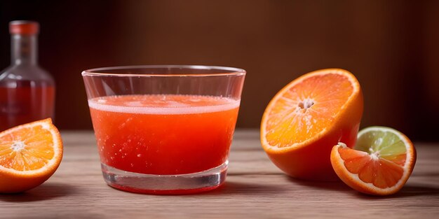 Foto tequila con infusión de sangre, naranja, puré de cal, mezcla ácida casera en la mesa de madera.