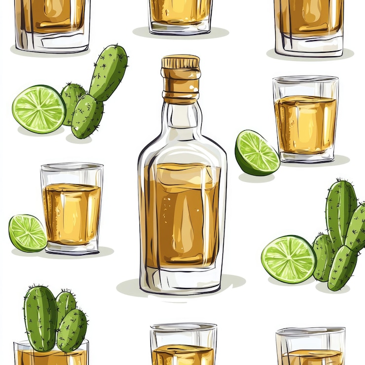 Foto tequila mexicana fiesta garrafa de tequila desenhada à mão e vidro de tiro com cactus de limão e sal