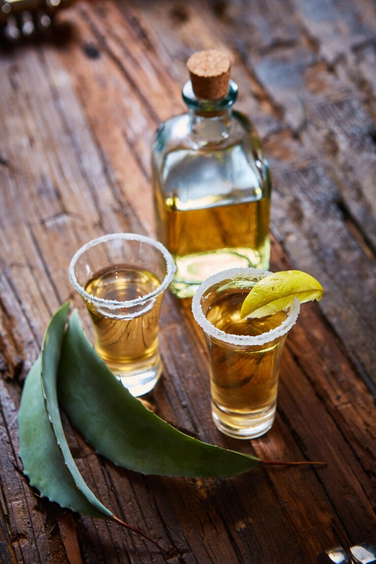 Foto tequila shot com lima e sal marinho em mesa de madeira foco seletivo