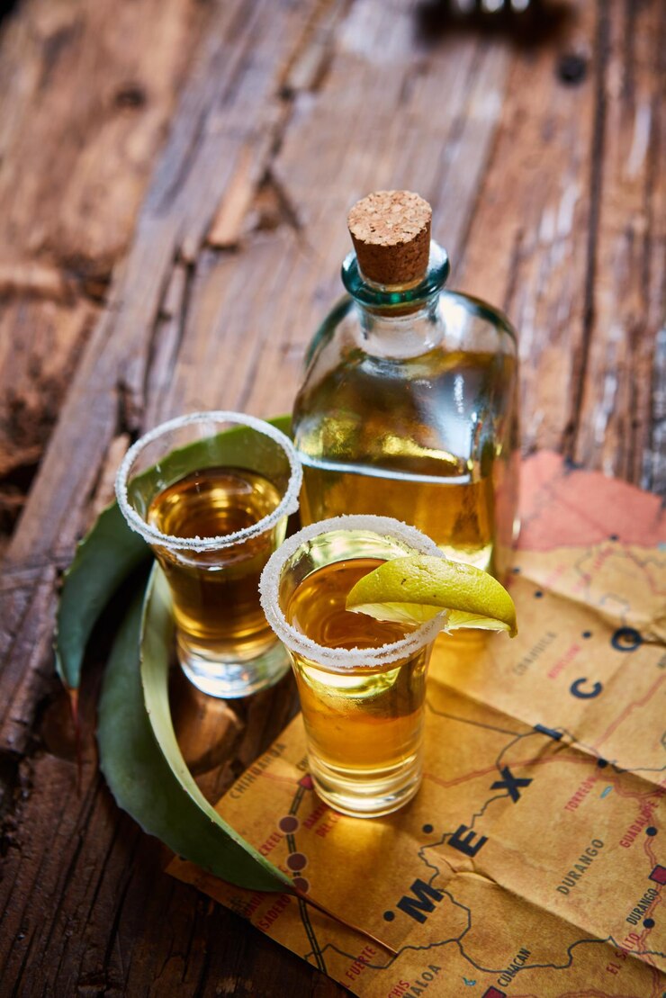 Foto tequila shot com lima e sal marinho em mesa de madeira foco seletivo