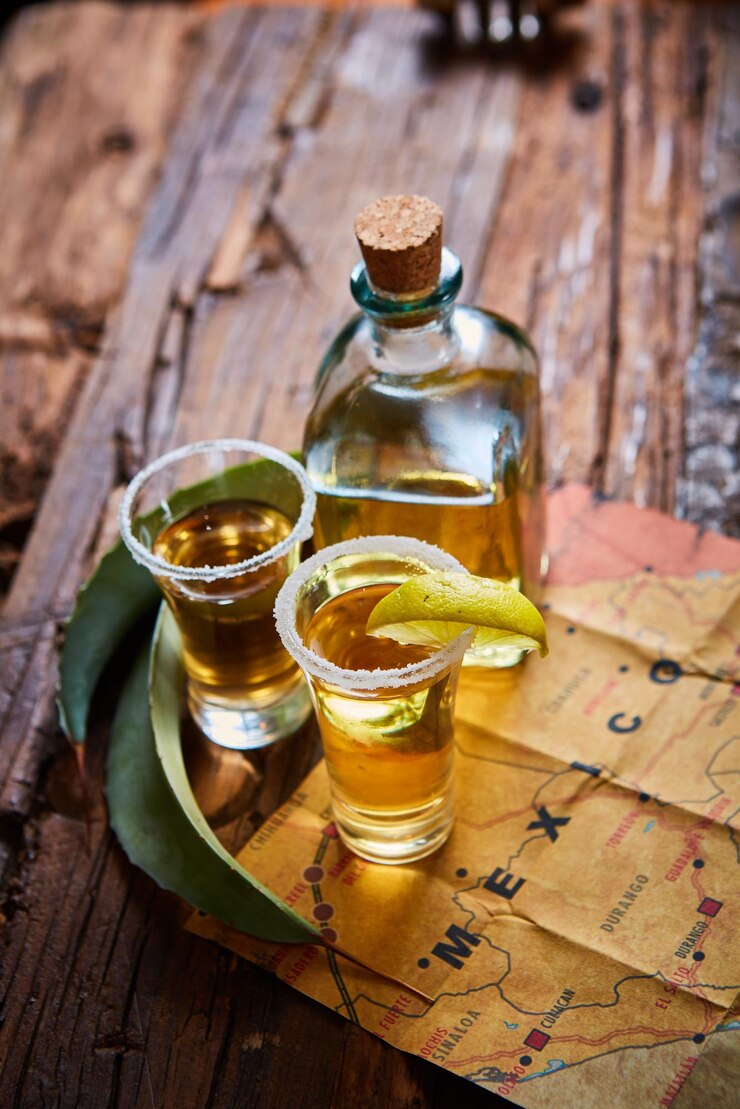 Foto tequila shot com lima e sal marinho em mesa de madeira foco seletivo