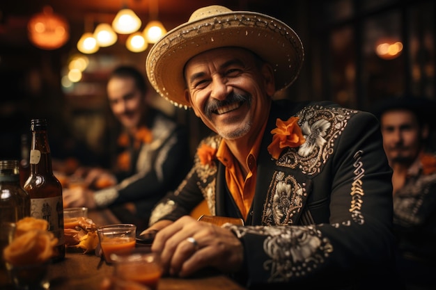 Tequila Sunrise em um bar mexicano com sombras e músicos Mariachi IA generativa