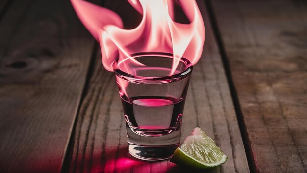 Tequila en vaso ardiendo con llamas rosas