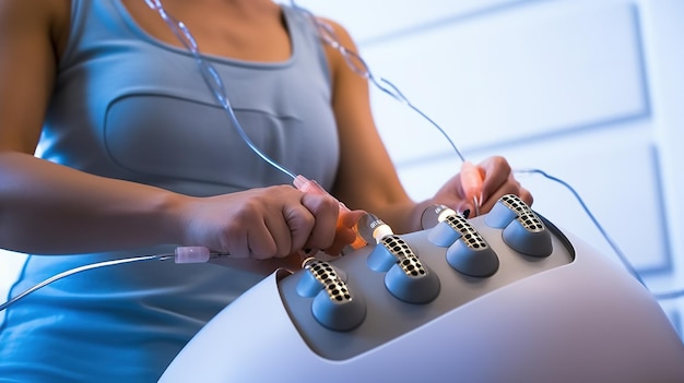 Terapeuta aplicando en el cuerpo de las niñas en el spa Primer plano del aparato para anti