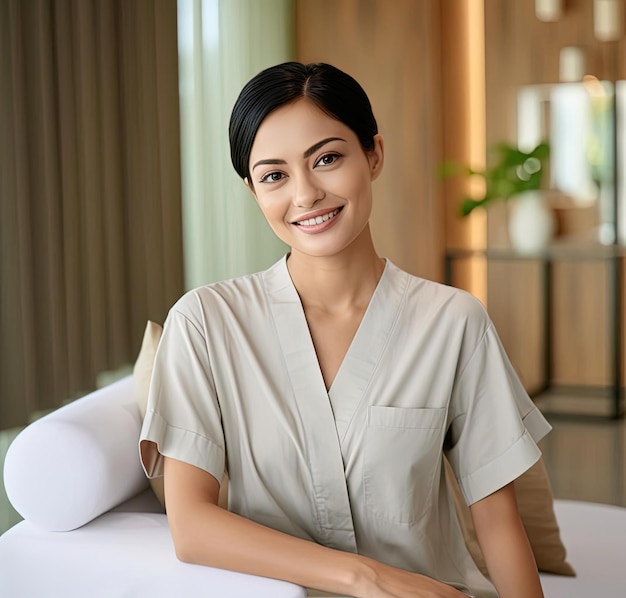 Foto terapeuta asiática sorrindo no estilo de imagens encenadas uniformemente