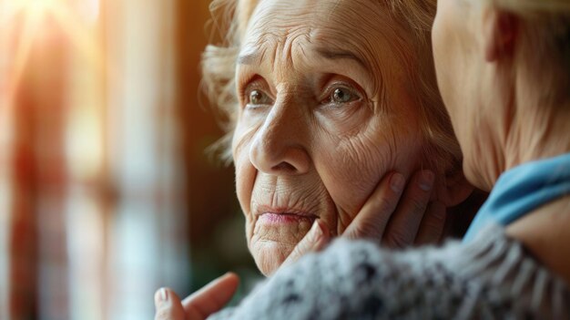 Terapeuta consuela a una anciana molesta después de malas noticias de salud