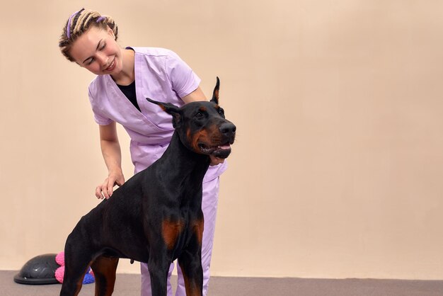 Foto terapeuta femenina que trabaja con perros en una clínica veterinaria