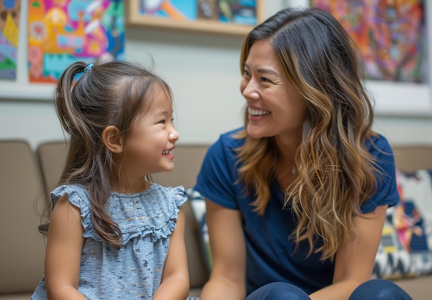 Una terapeuta del habla asiática trabajando con un niño pequeño con un gran espacio vacío para texto o productos y un telón de fondo borroso IA generativa