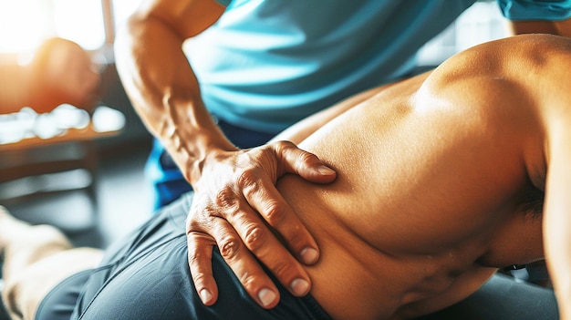 Foto terapeuta profesional que ofrece masaje deportivo dirigido a atletas en la parte inferior de la espalda y en los tejidos profundos