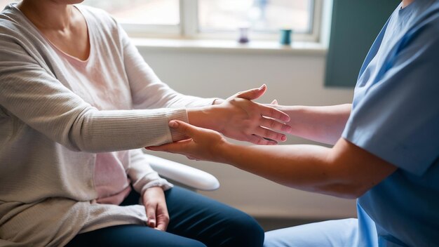 Foto terapeuta sosteniendo el brazo de su paciente