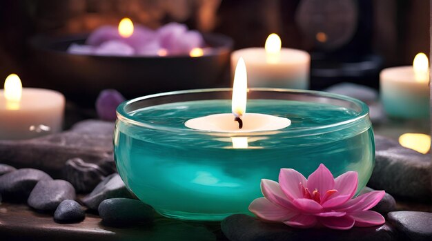 Terapia de belleza con agua, velas, spa, bienestar, cuidado ligero, salud, relajación, baño romántico.