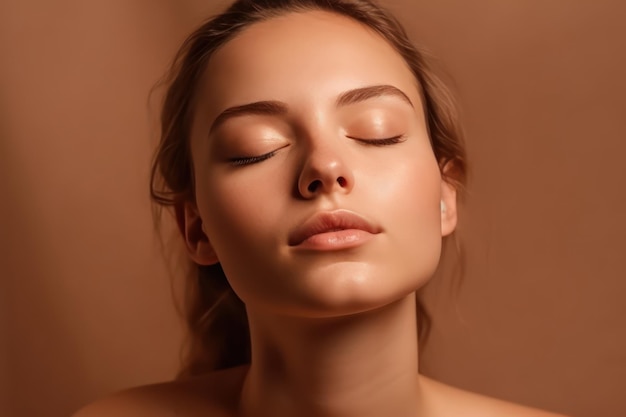 Terapia de cuidados com a pele hidratação rejuvenescimento cosmetologia tratamento hidratante limpeza texto retrato beuaty de jovem mulher com olhos fechados posando contra fundo bege