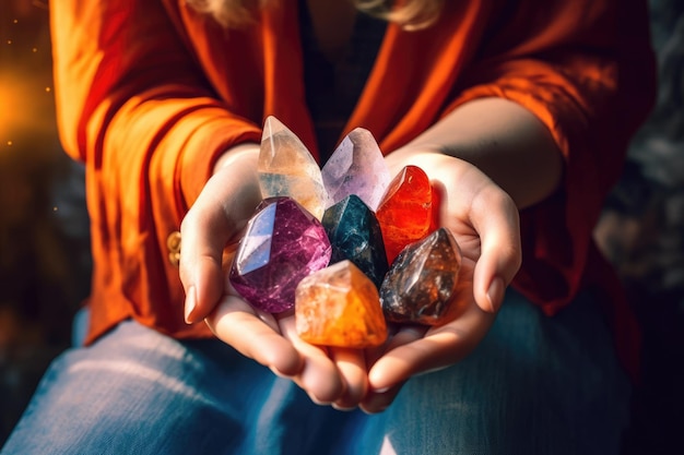 Terapia de cura com cristais de chakra reiki Terapia com pedras preciosas para o bem-estar meditação desestressar relaxamento práticas espirituais metafísicas IA generativa